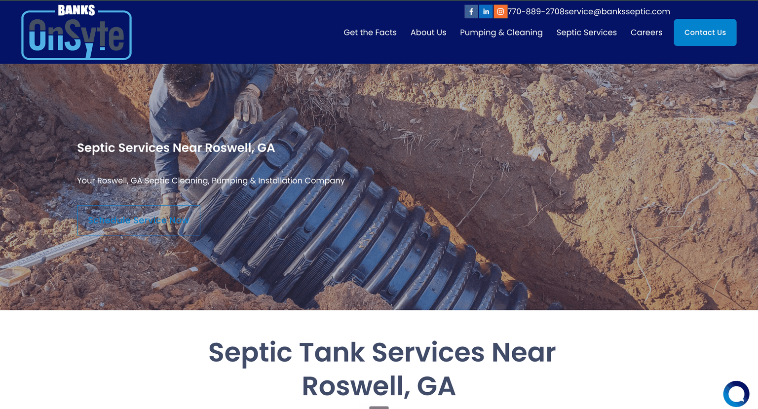 Banks Septic local SEO and link building growth dashboard showing referring domains, backlinks, organic traffic, and local authority growth